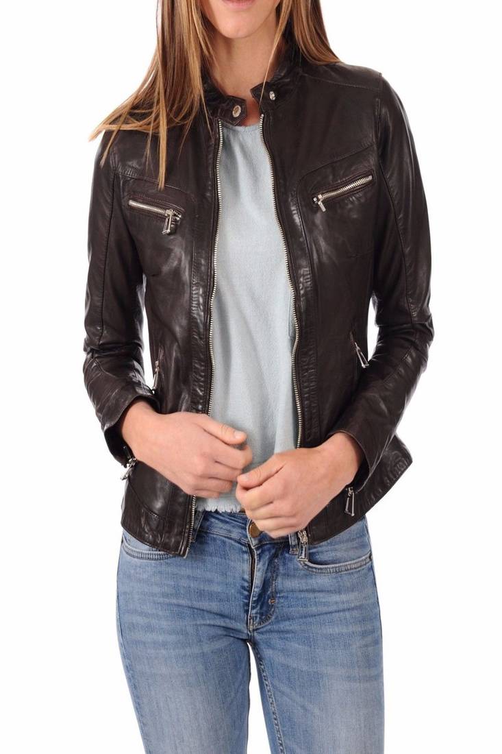 Women's genuine lambskin black leather jacket motorcycle biker jacket-c006
