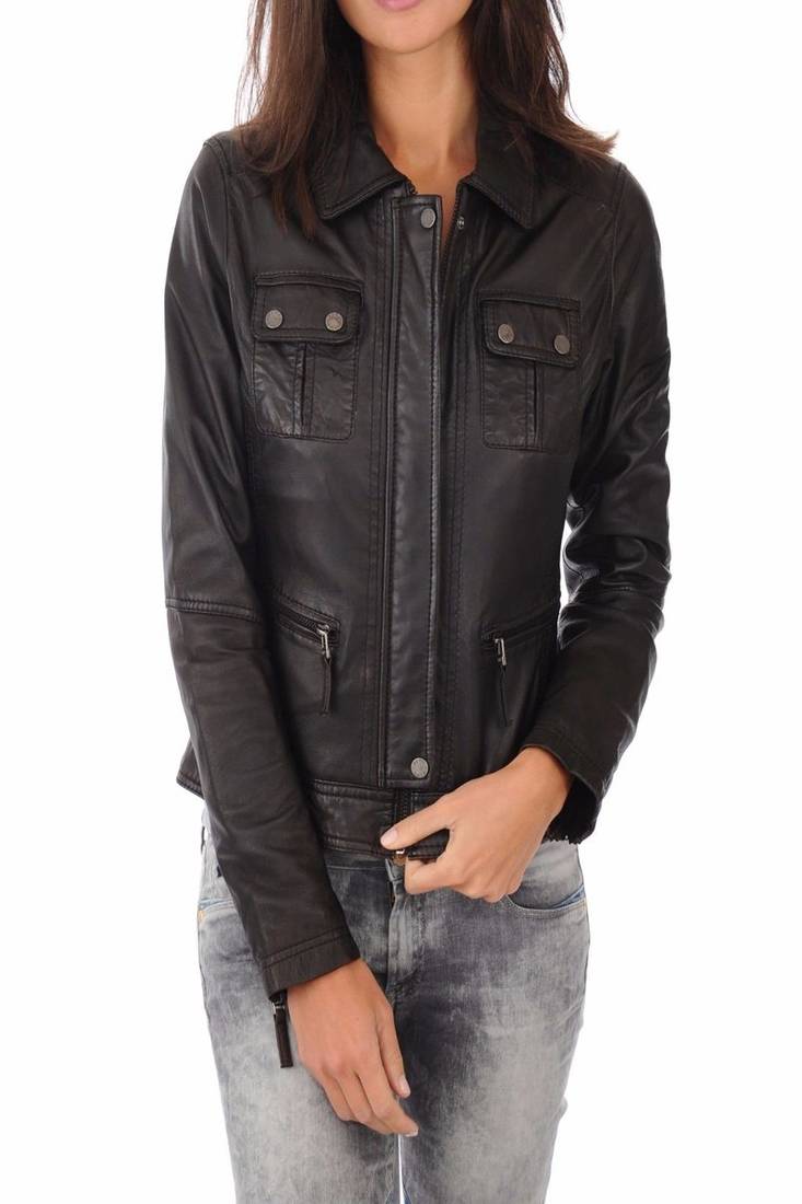 Women's genuine lambskin black leather jacket motorcycle biker jacket-c007