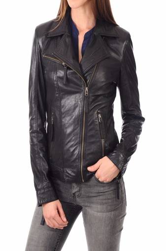 Women's genuine lambskin black leather jacket motorcycle biker jacket-c008