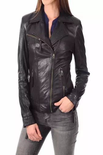 Women's genuine lambskin black leather jacket motorcycle biker jacket-c008