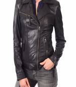 women's black lambskin leather biker jacket classic moto zip style modern