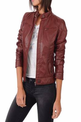 women's maroon lambskin leather biker jacket classic moto zip style premium 1