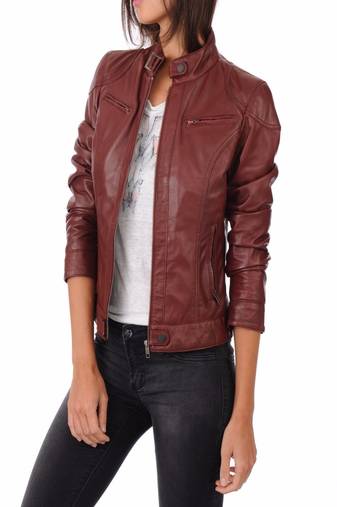 Women's genuine lambskin maroon leather jacket motorcycle biker jacket-c009