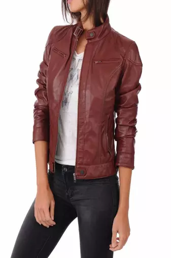 Women's genuine lambskin maroon leather jacket motorcycle biker jacket-c009