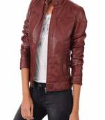 women's maroon lambskin leather biker jacket classic moto zip style premium