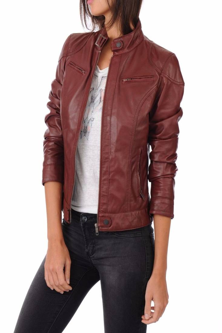 Women's genuine lambskin maroon leather jacket motorcycle biker jacket-c009