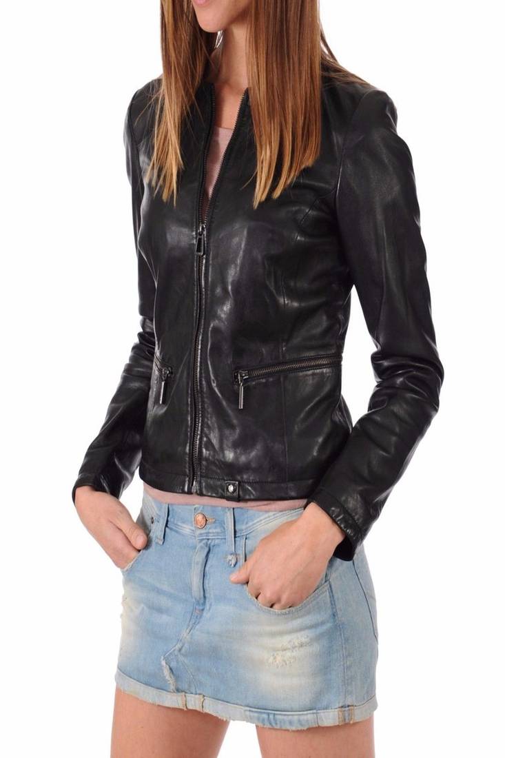 Women's genuine lambskin black leather jacket motorcycle biker jacket-c010