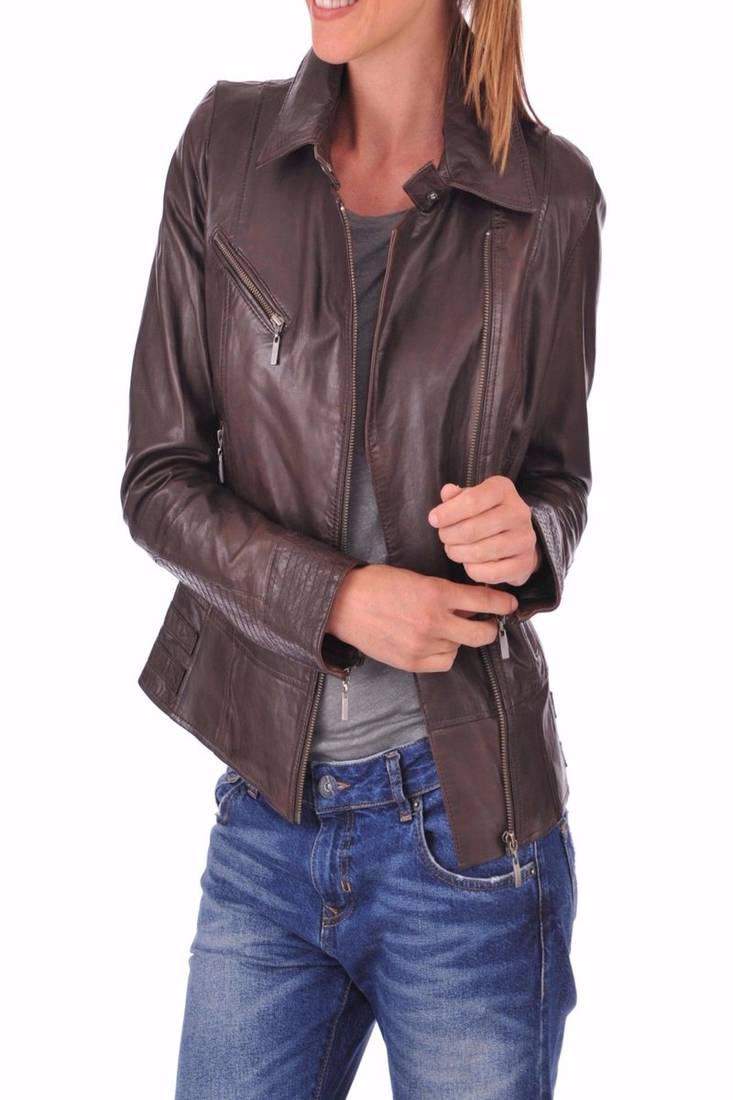 Women's genuine lambskin brown leather jacket motorcycle biker jacket-c011