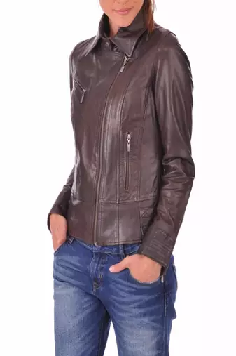 women's brown lambskin leather biker jacket classic moto zip style