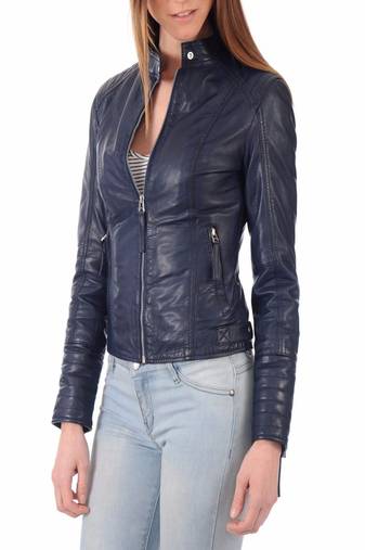 Women's genuine lambskin navy blue leather jacket motorcycle biker jacket-c012