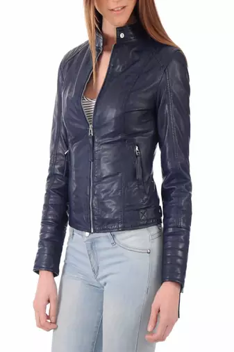 Women's genuine lambskin navy blue leather jacket motorcycle biker jacket-c012
