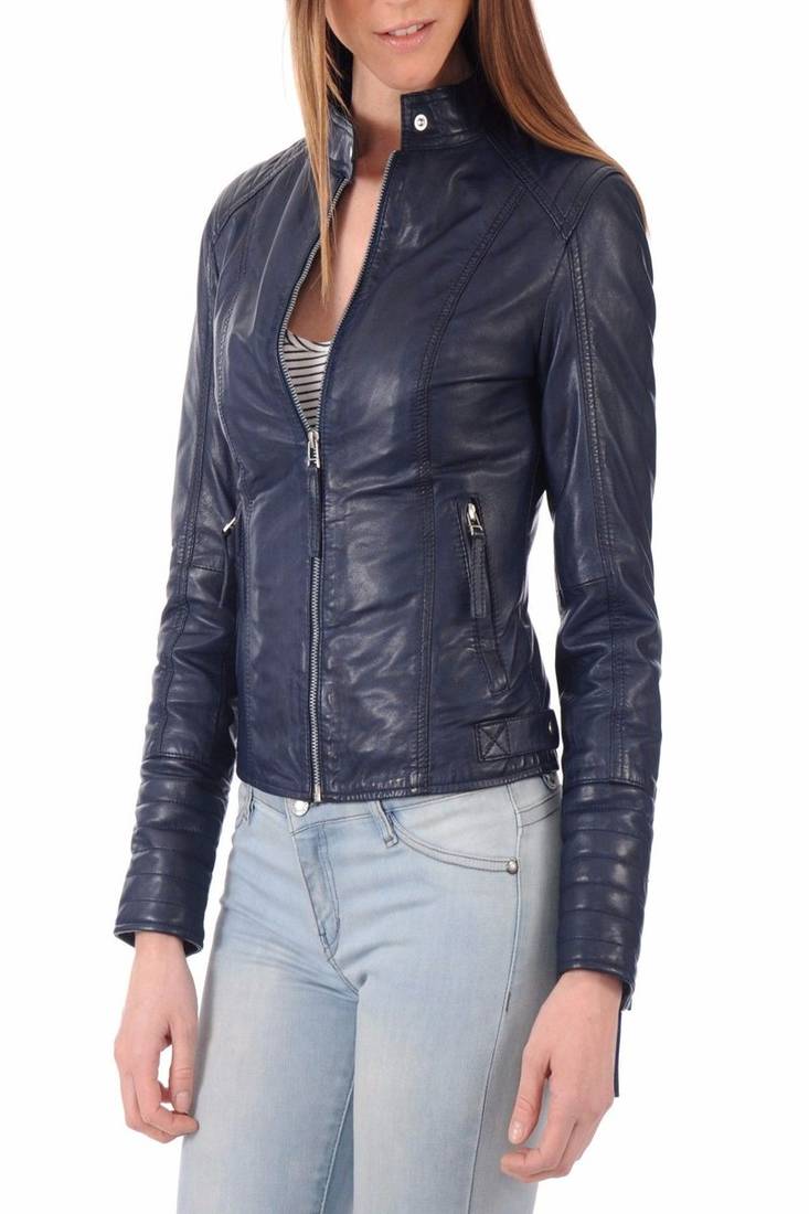 Women's genuine lambskin navy blue leather jacket motorcycle biker jacket-c012
