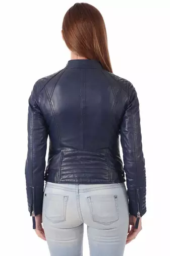 women's navy blue lambskin leather biker jacket classic moto zip