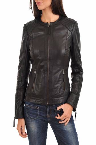 Women's genuine lambskin black leather jacket motorcycle biker jacket-c013