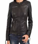 women's black lambskin leather biker jacket classic moto zip style authentic