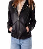 women's black lambskin leather biker jacket classic moto zip style genuine