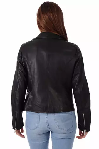 women's black lambskin leather biker jacket classic moto zip style genuine