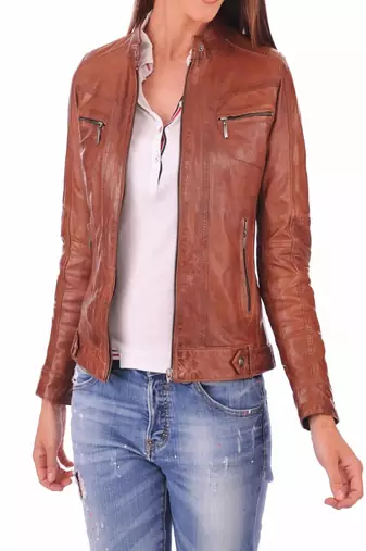 Women's genuine lambskin brown leather jacket motorcycle classic jacket-c015