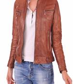 women's brown lambskin leather biker jacket classic moto zip style premium