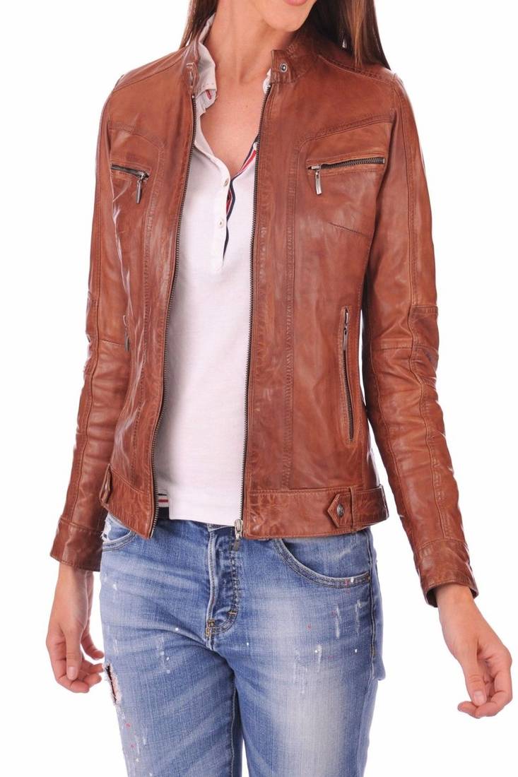 Women's genuine lambskin brown leather jacket motorcycle classic jacket-c015
