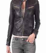 women's black lambskin leather biker jacket classic moto zip style refined
