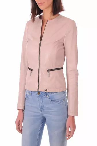 women's pink lambskin leather biker jacket classic moto zip style