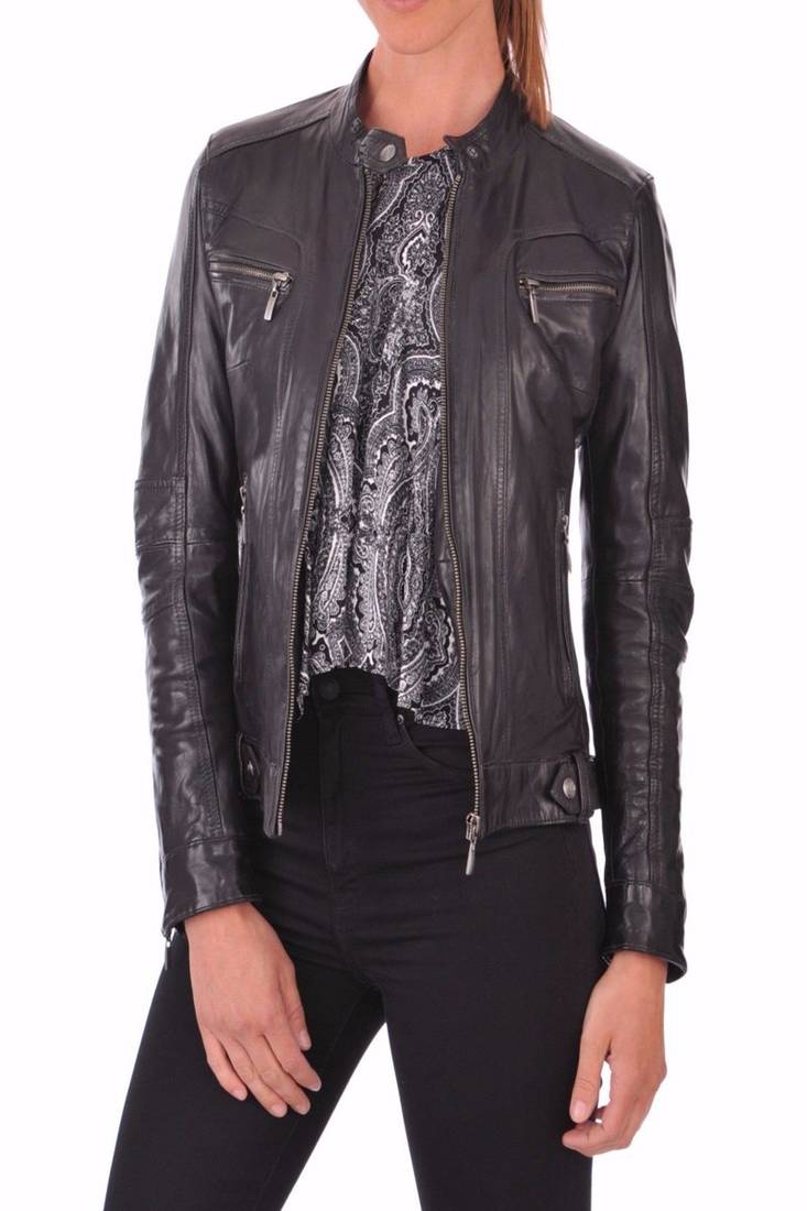 Womens genuine lambskin leather motorcycle slim fit designer ladies biker jacket-c020