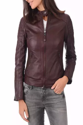Womens genuine brown lambskin leather motorcycle slim fit designer ladies biker jacket-c021