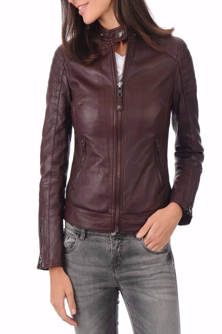 Womens genuine brown lambskin leather motorcycle slim fit designer ladies biker jacket-c021