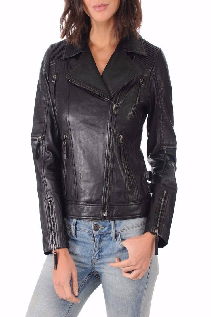 Womens genuine lambskin leather motorcycle slim fit designer ladies biker jacket-c022