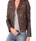 women's brown lambskin leather biker jacket classic moto zip style modern