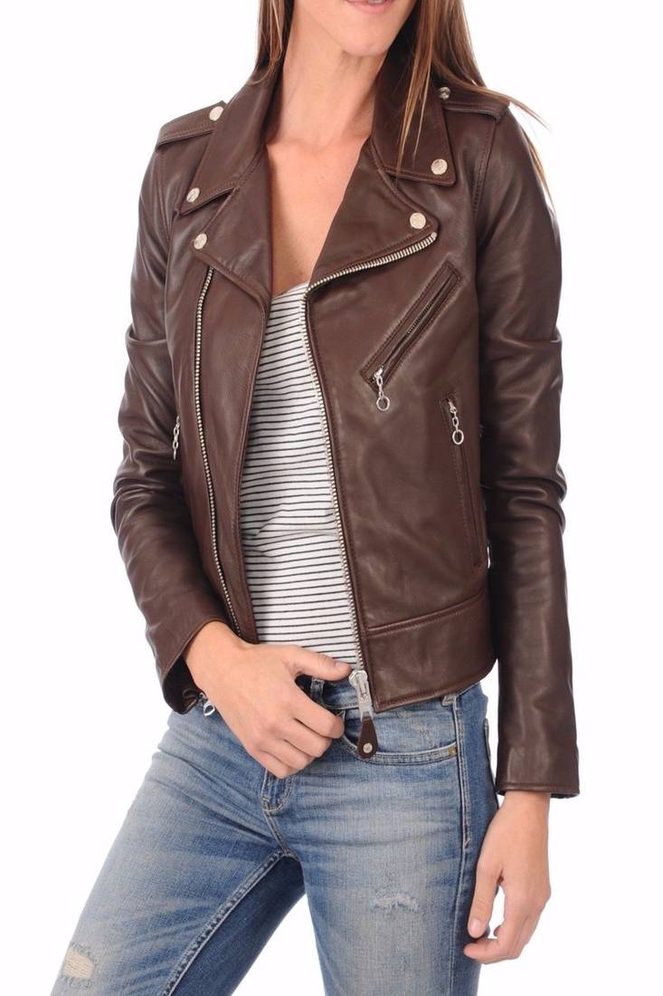 Womens genuine lambskin brown leather motorcycle slim fit ladies biker jacket-c026