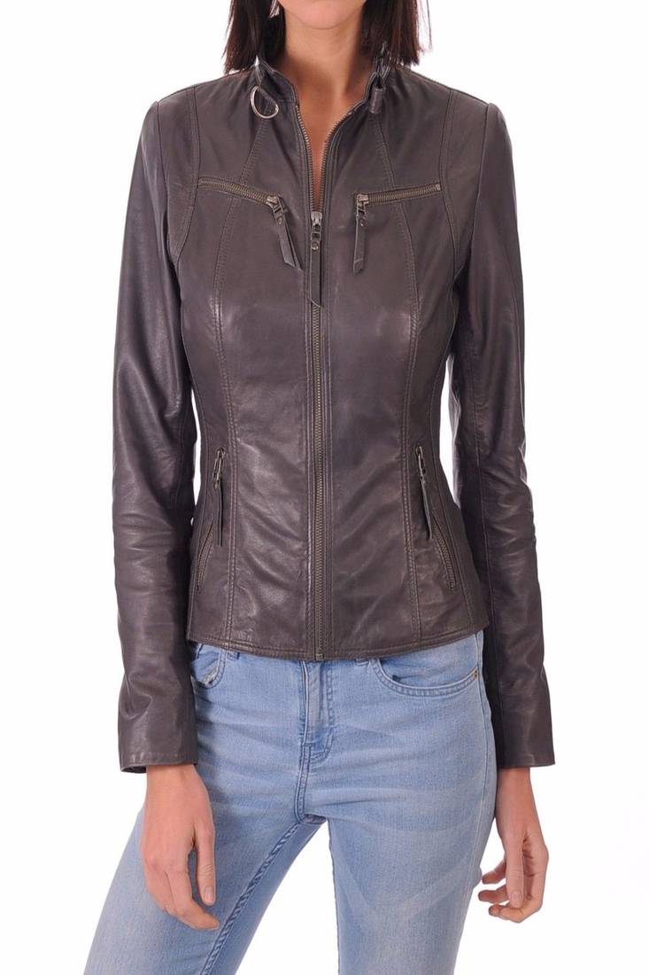 Womens genuine lambskin black leather motorcycle slim fit ladies biker jacket-c027