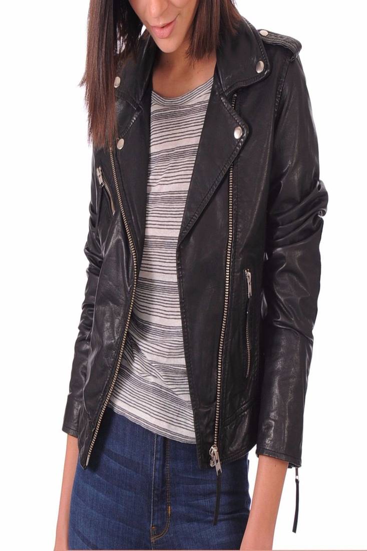 Womens genuine lambskin black leather motorcycle slim fit ladies biker jacket-c028