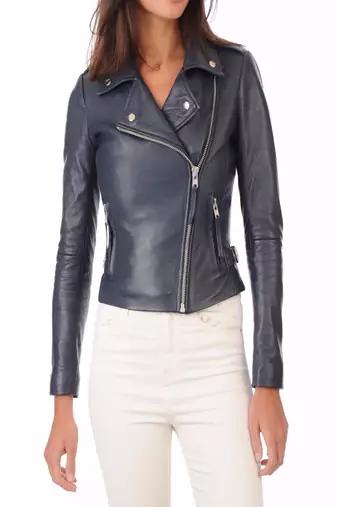 Womens genuine lambskin navy blue leather motorcycle slim fit ladies biker jacket-c029