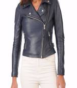 women's navy blue lambskin leather biker jacket classic moto zip premium