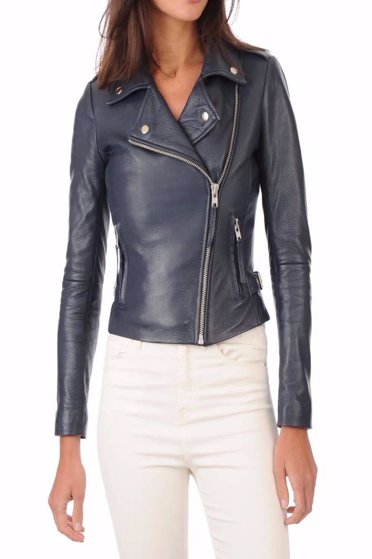 Womens genuine lambskin navy blue leather motorcycle slim fit ladies biker jacket-c029