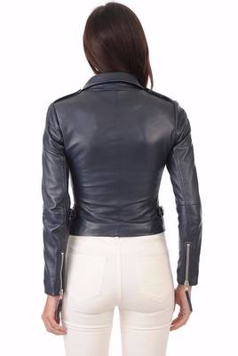 women's navy blue lambskin leather biker jacket classic moto zip premium 2