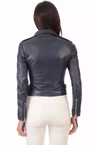 women's navy blue lambskin leather biker jacket classic moto zip premium