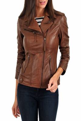 women's brown lambskin leather biker jacket classic moto zip style stylish 1