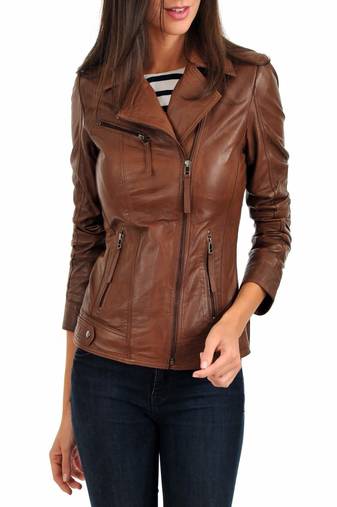 Womens genuine lambskin brown leather motorcycle slim fit ladies biker jacket-c31