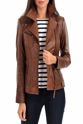 women's brown lambskin leather biker jacket classic moto zip style stylish 2