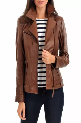 women's brown lambskin leather biker jacket classic moto zip style stylish