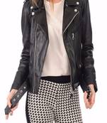 women's black lambskin leather biker jacket classic moto zip style versatile
