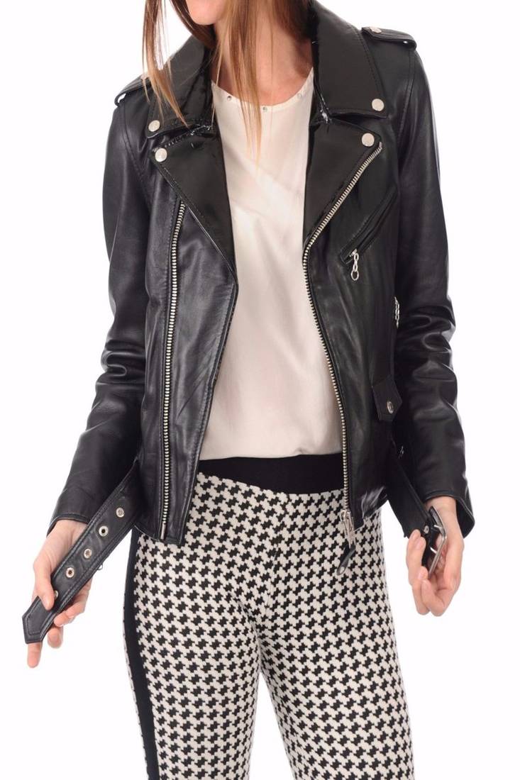 Womens genuine lambskin black leather motorcycle slim fit ladies biker jacket-c32