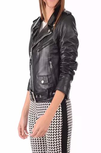 women's black lambskin leather biker jacket classic moto zip style versatile