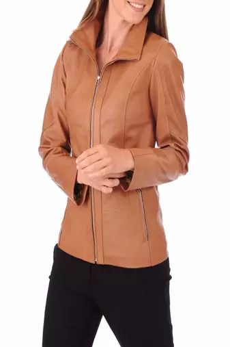 women's brown lambskin leather biker jacket classic moto zip style authentic