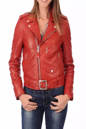 Womens genuine lambskin red leather motorcycle slim fit ladies biker jacket-c34