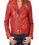 women's red lambskin leather biker jacket classic moto zip style exclusive