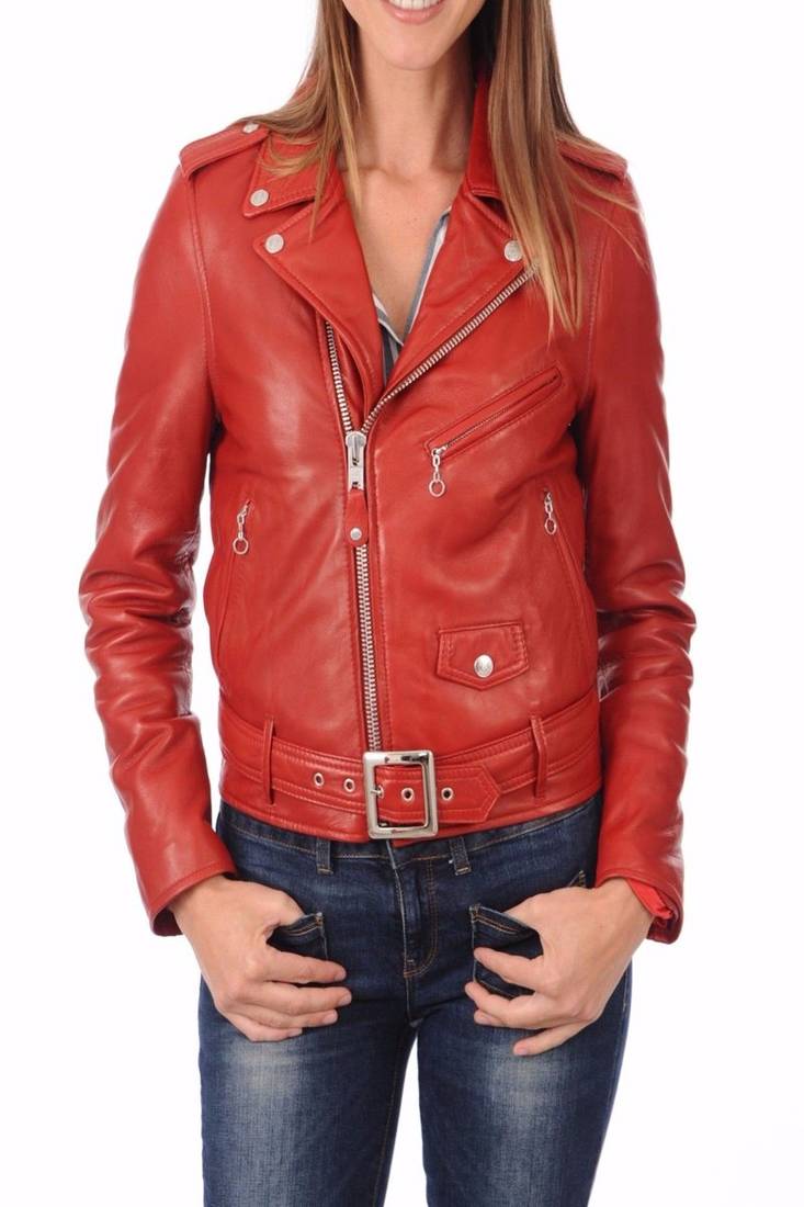 Womens genuine lambskin red leather motorcycle slim fit ladies biker jacket-c34